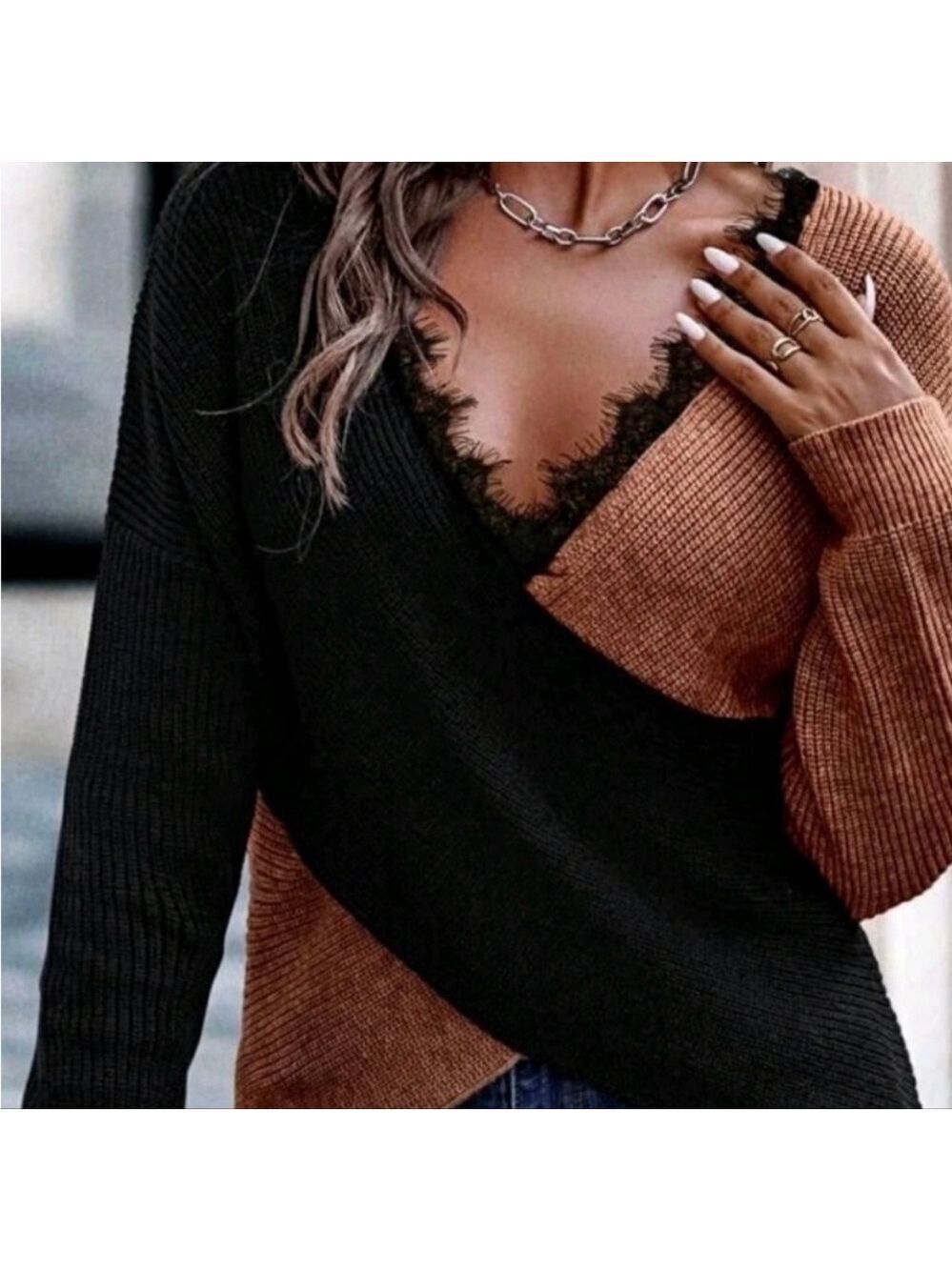 Black Brown Colorblock Wrap Knit Sweater Eyelash Lace Trim Top, L